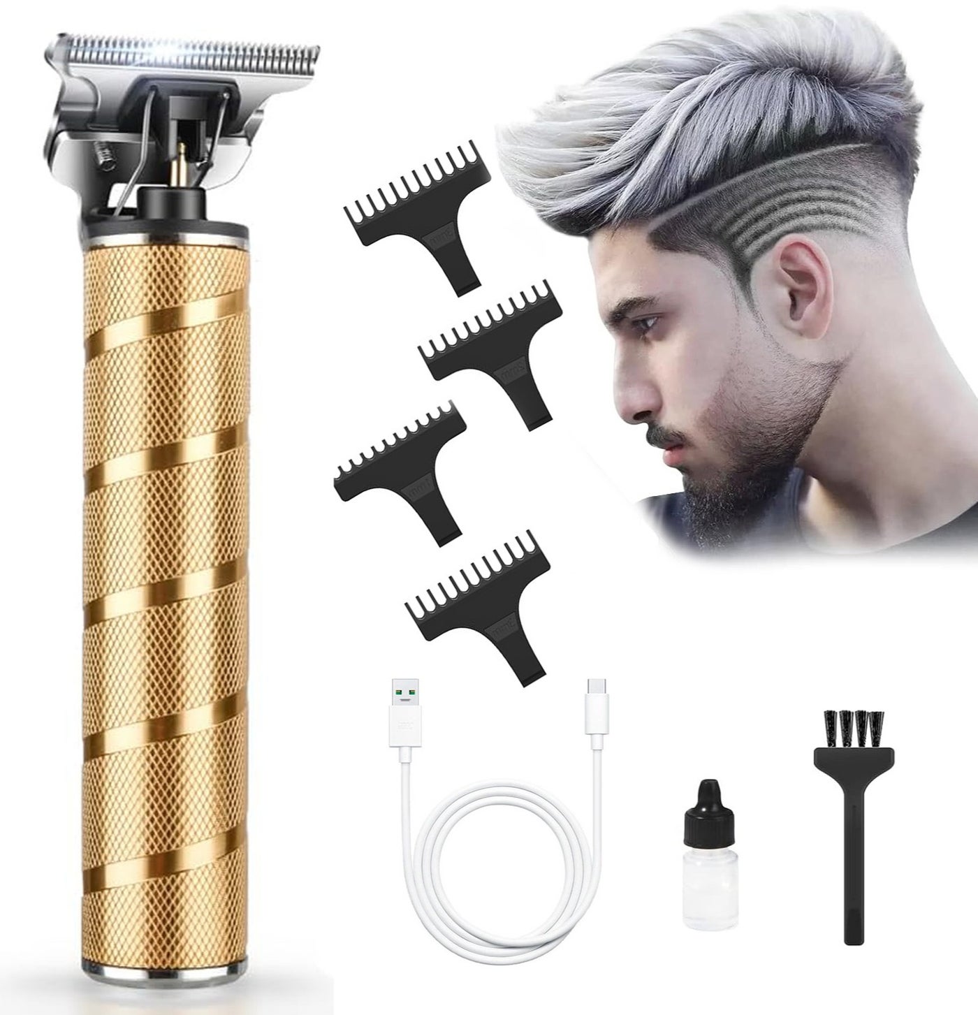 Hair Clippers for Men, Cordless Clippers Electric Hair Trimmer Beard Trimmer Set, Waterproof Detail Beard Shaver, Trimmer Grooming Cutting Kit with 4 Guide (Gold)